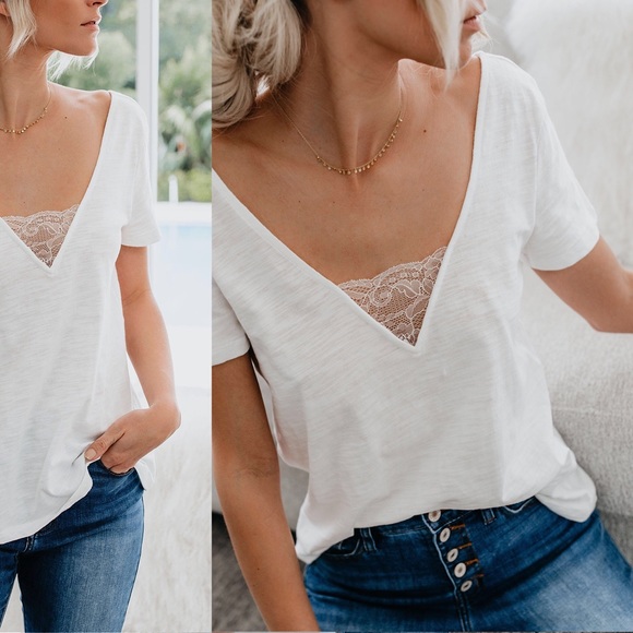 NEW! V-Neck Basic Lace Tee, White - Picture 5 of 6